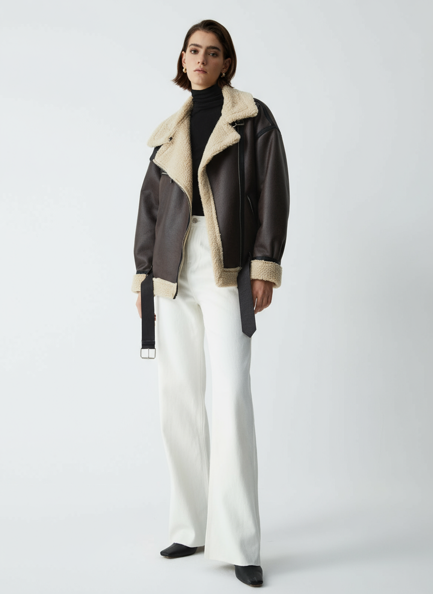 Braun Shearling Aviator Jacket – Faux Leather with Cozy Teddy Lining in XS - detail view