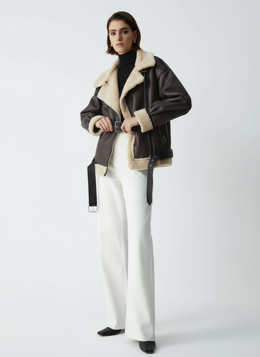 Luvrefashion | Braun Shearling Aviator Jacket – Faux Leather with Cozy Teddy Lining in XS - back view