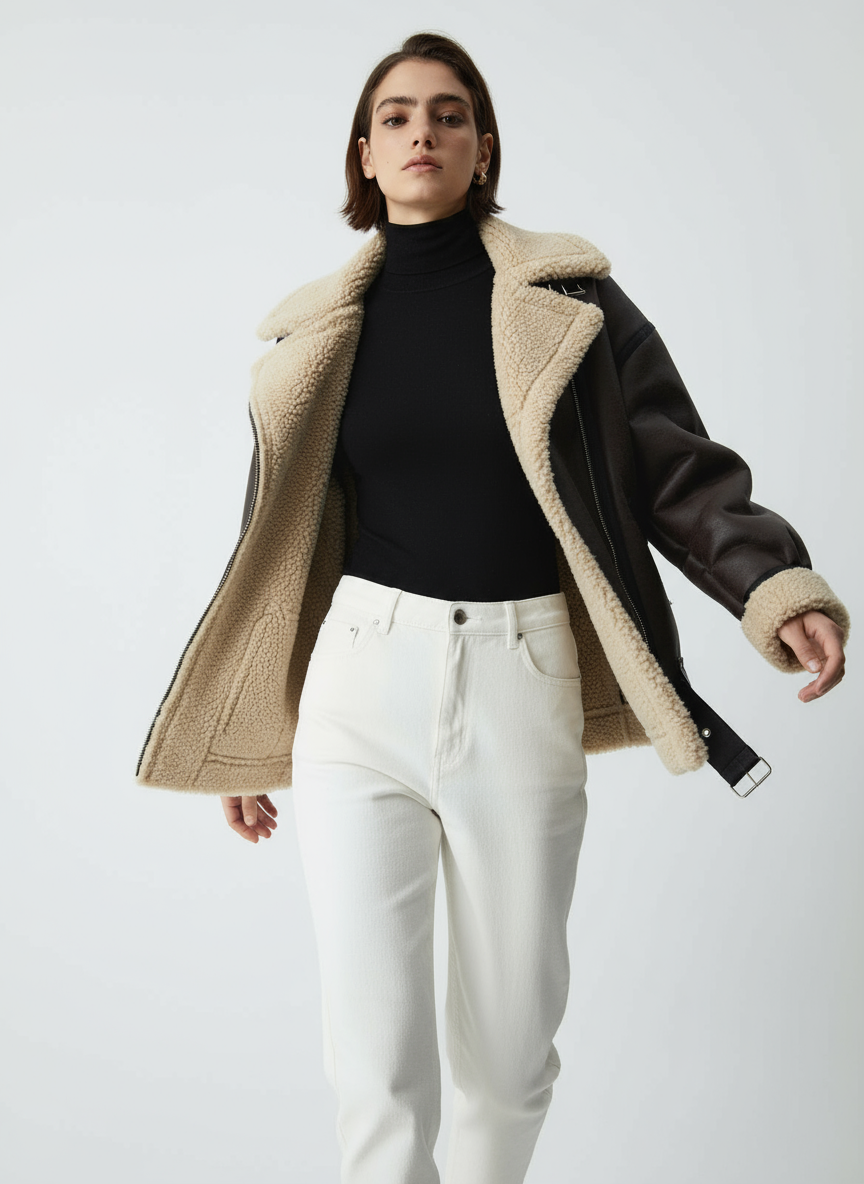 Braun Shearling Aviator Jacket – Faux Leather with Cozy Teddy Lining in XS - front view