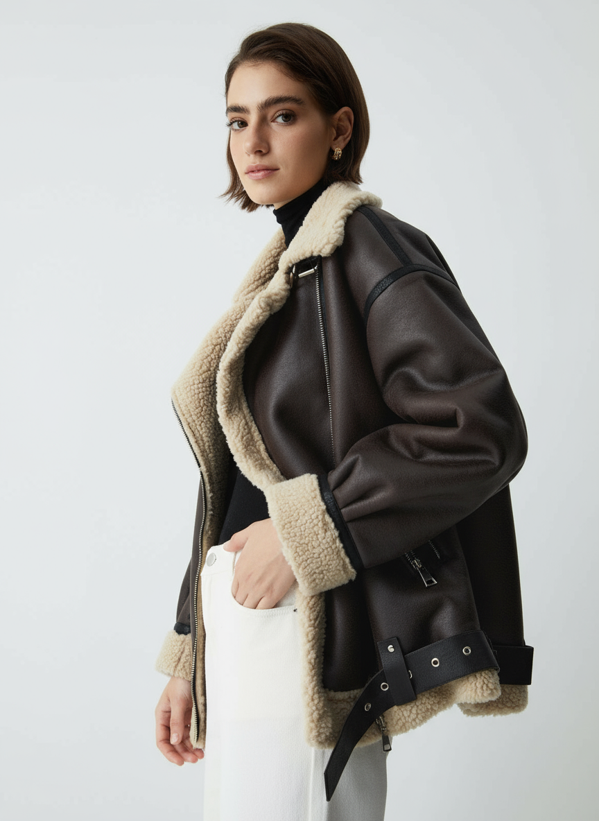 Braun Shearling Aviator Jacket – Faux Leather with Cozy Teddy Lining in XS - styled look