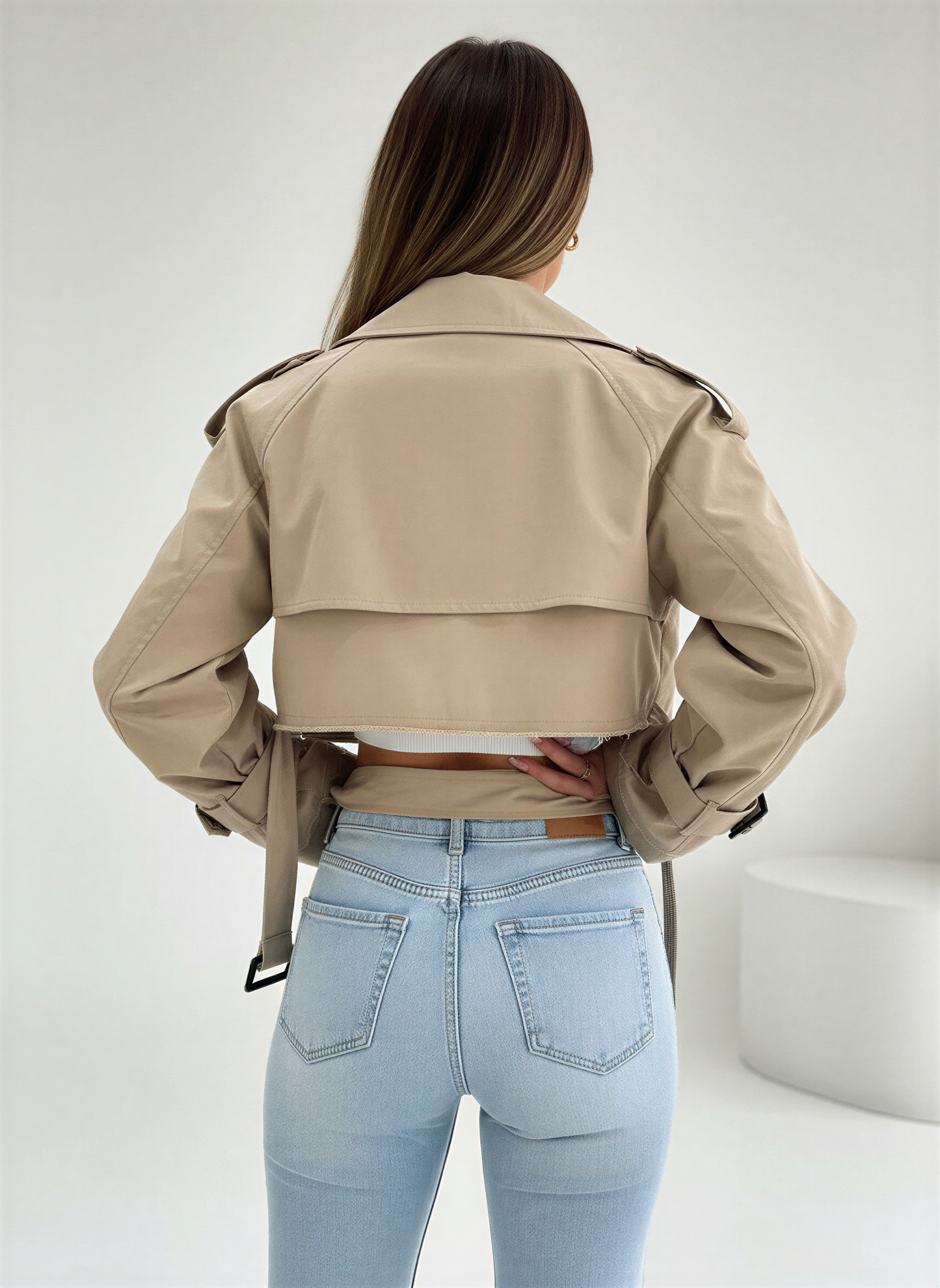 Luvrefashion | All Season Belted Short Coat in Beige - detail view