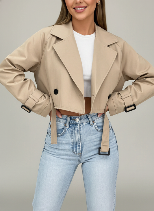 All Season Belted Short Coat in Beige - front view