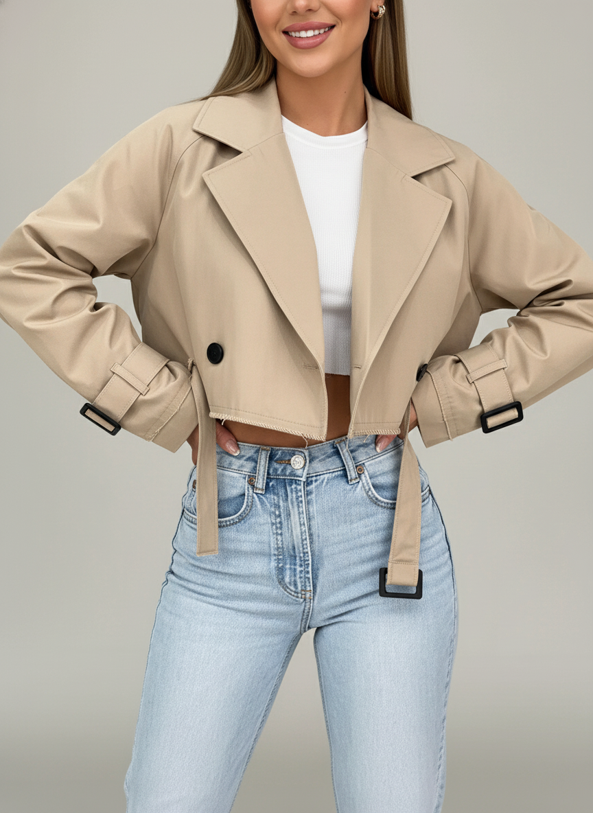 Luvrefashion | All Season Belted Short Coat in Beige - front view