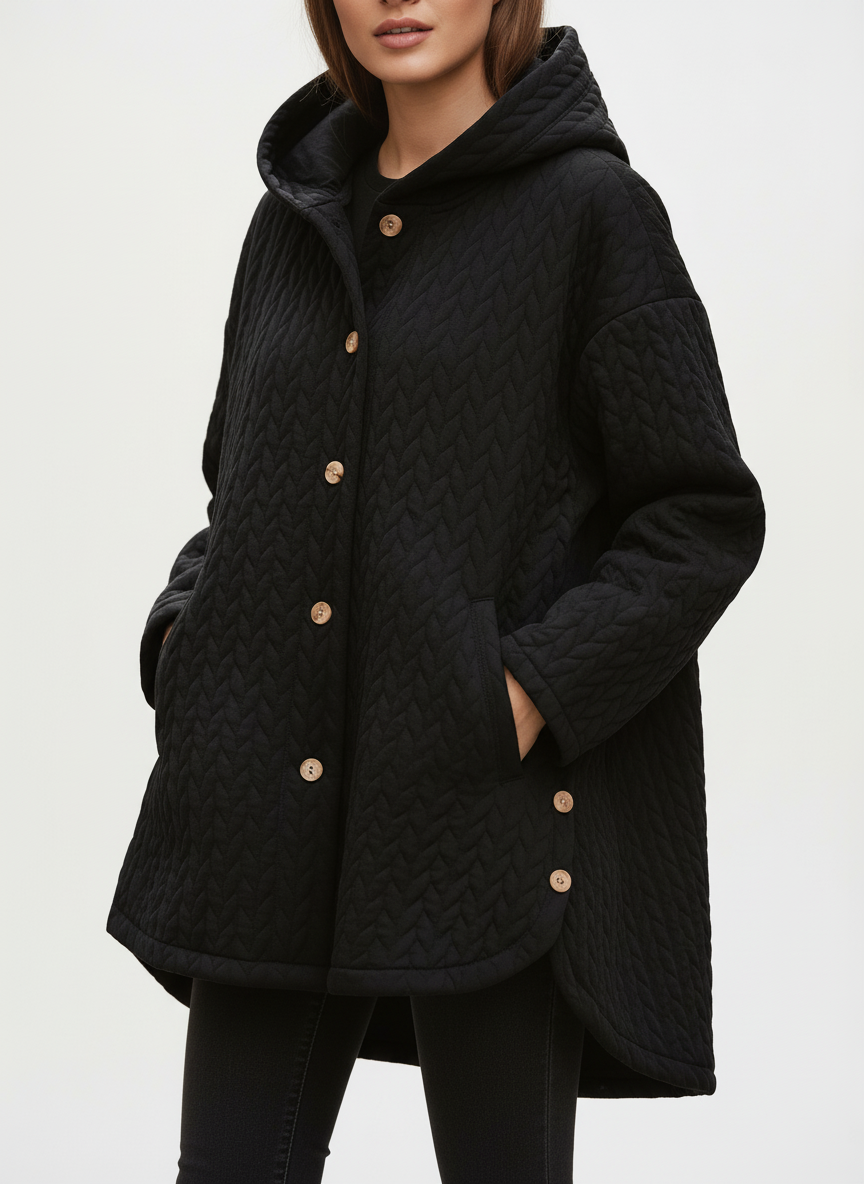 Casual Quilted Jacket with Textured Design & Wooden Buttons in Black - detail view