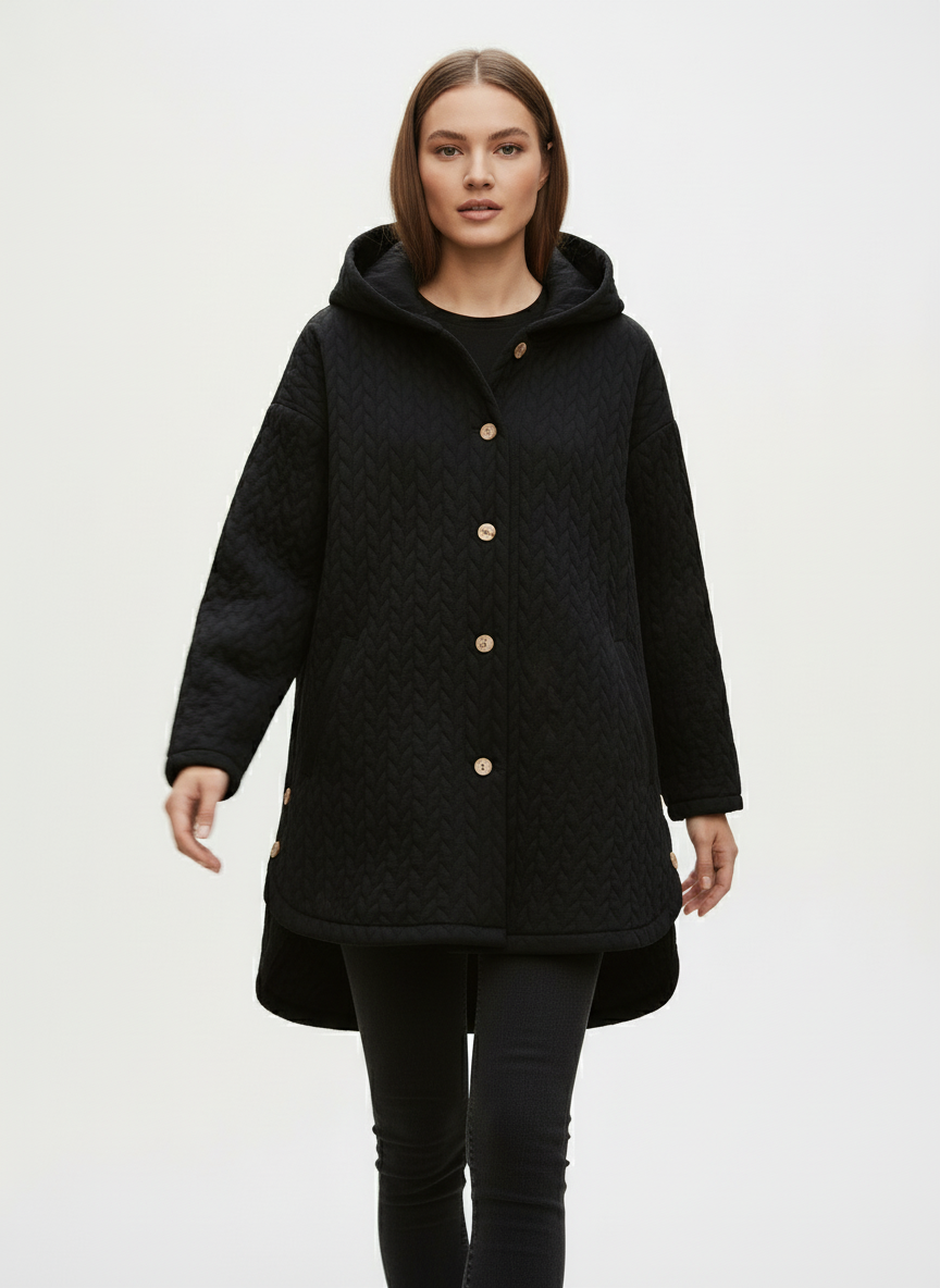 Casual Quilted Jacket with Textured Design & Wooden Buttons in Black - front view