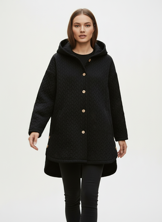 Casual Quilted Jacket with Textured Design & Wooden Buttons in Black - front view