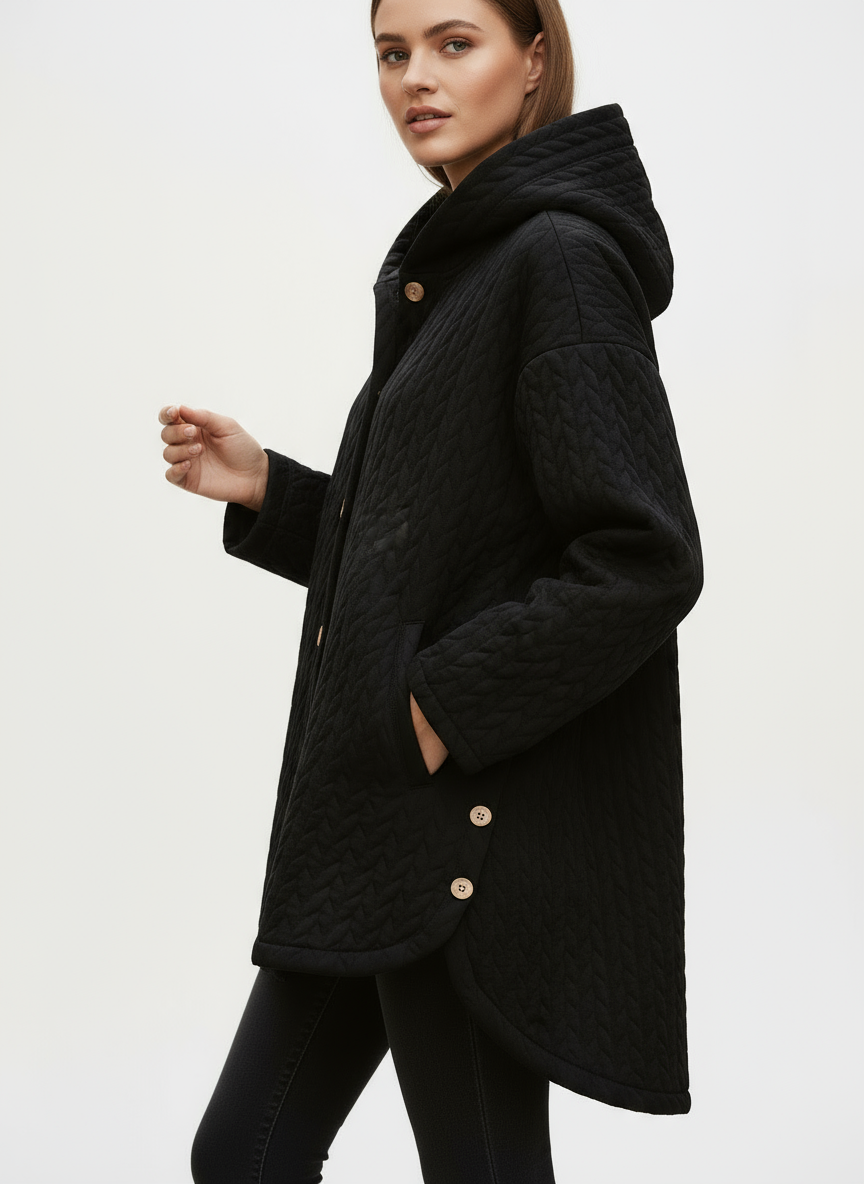 Casual Quilted Jacket with Textured Design & Wooden Buttons in Black - image 10