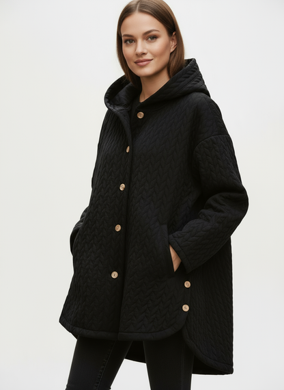 Casual Quilted Jacket with Textured Design & Wooden Buttons in Black - back view