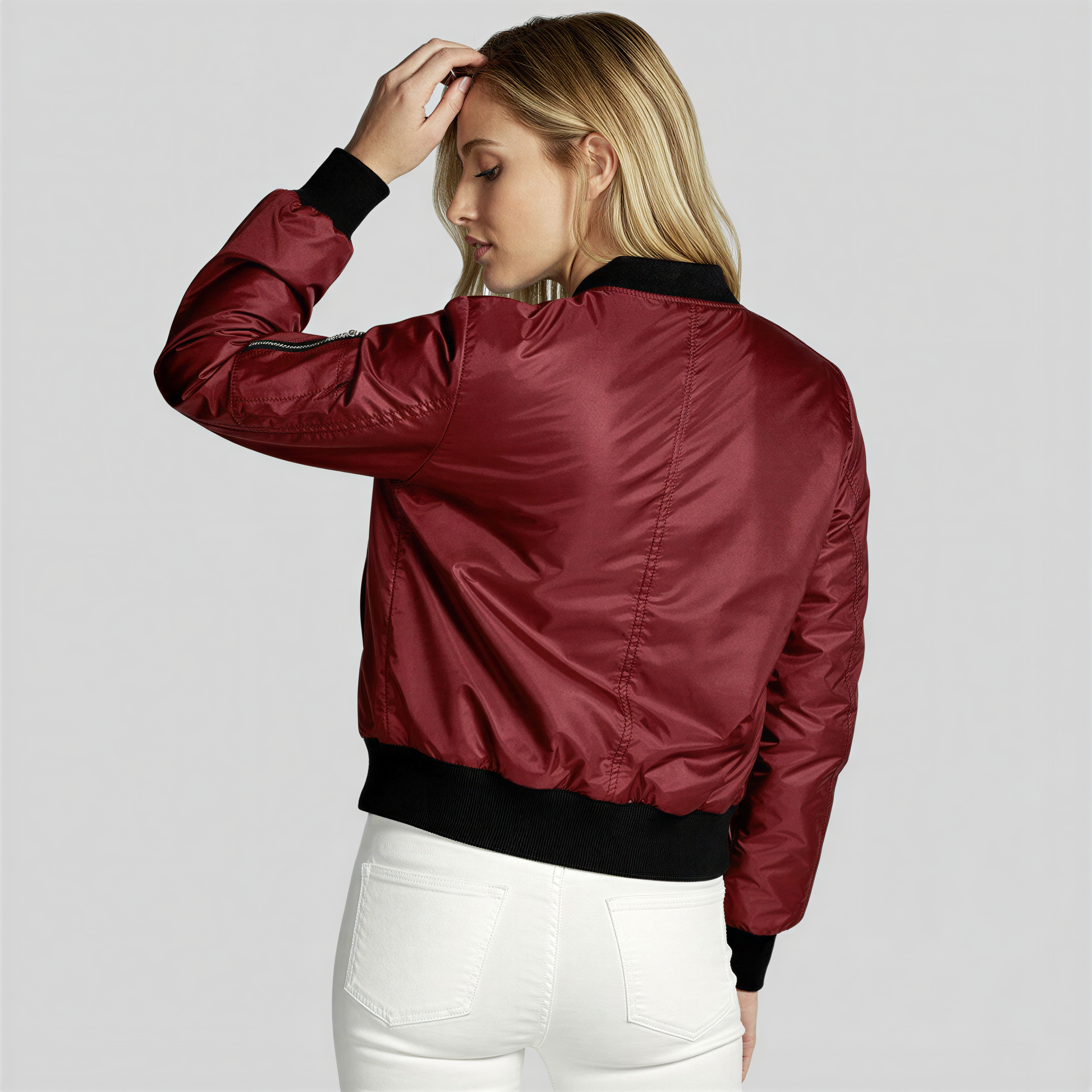 Glossy Finish Bomber Jacket Perfect for a Casual Everyday Look in Green - styled look