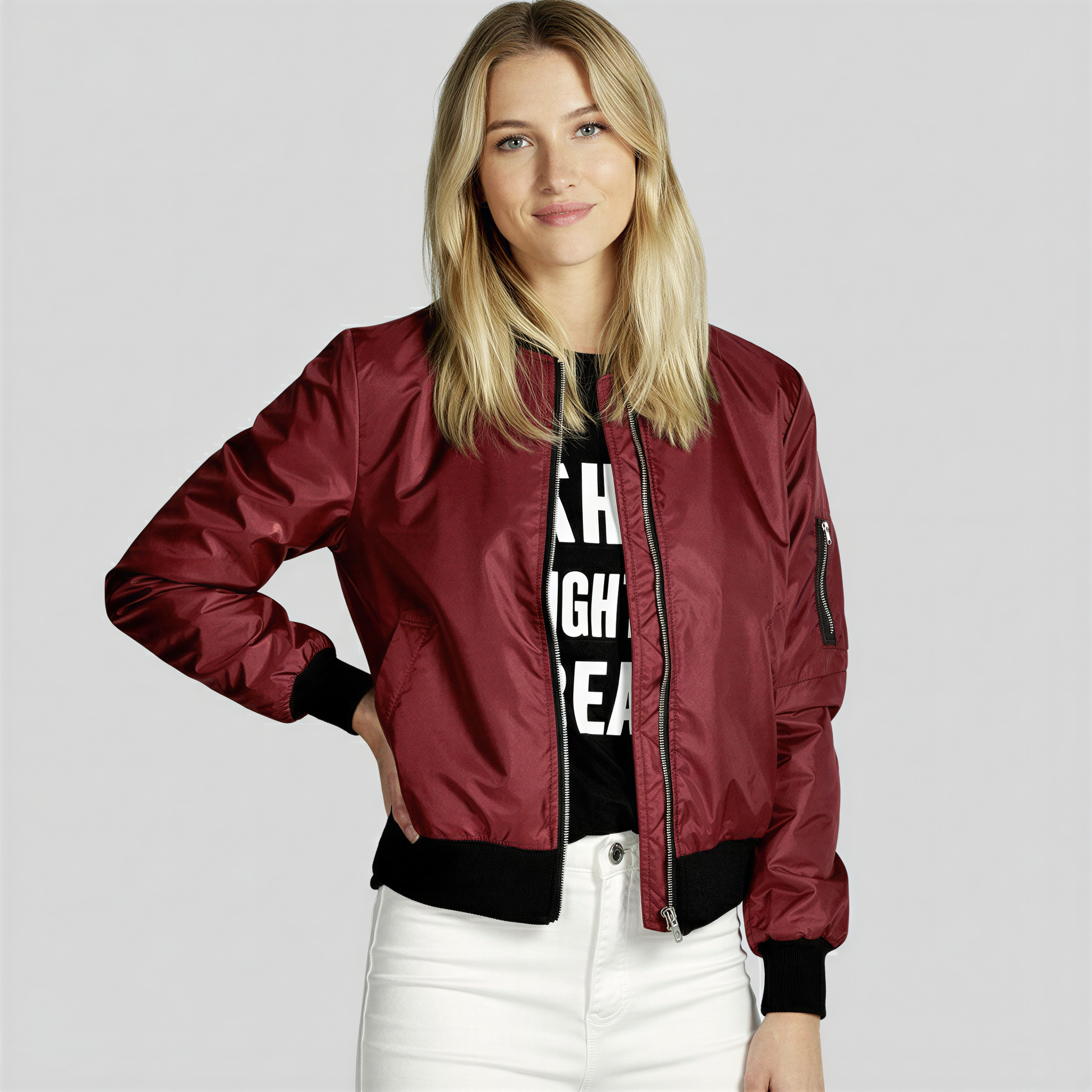 Glossy Finish Bomber Jacket Perfect for a Casual Everyday Look in Green - side view