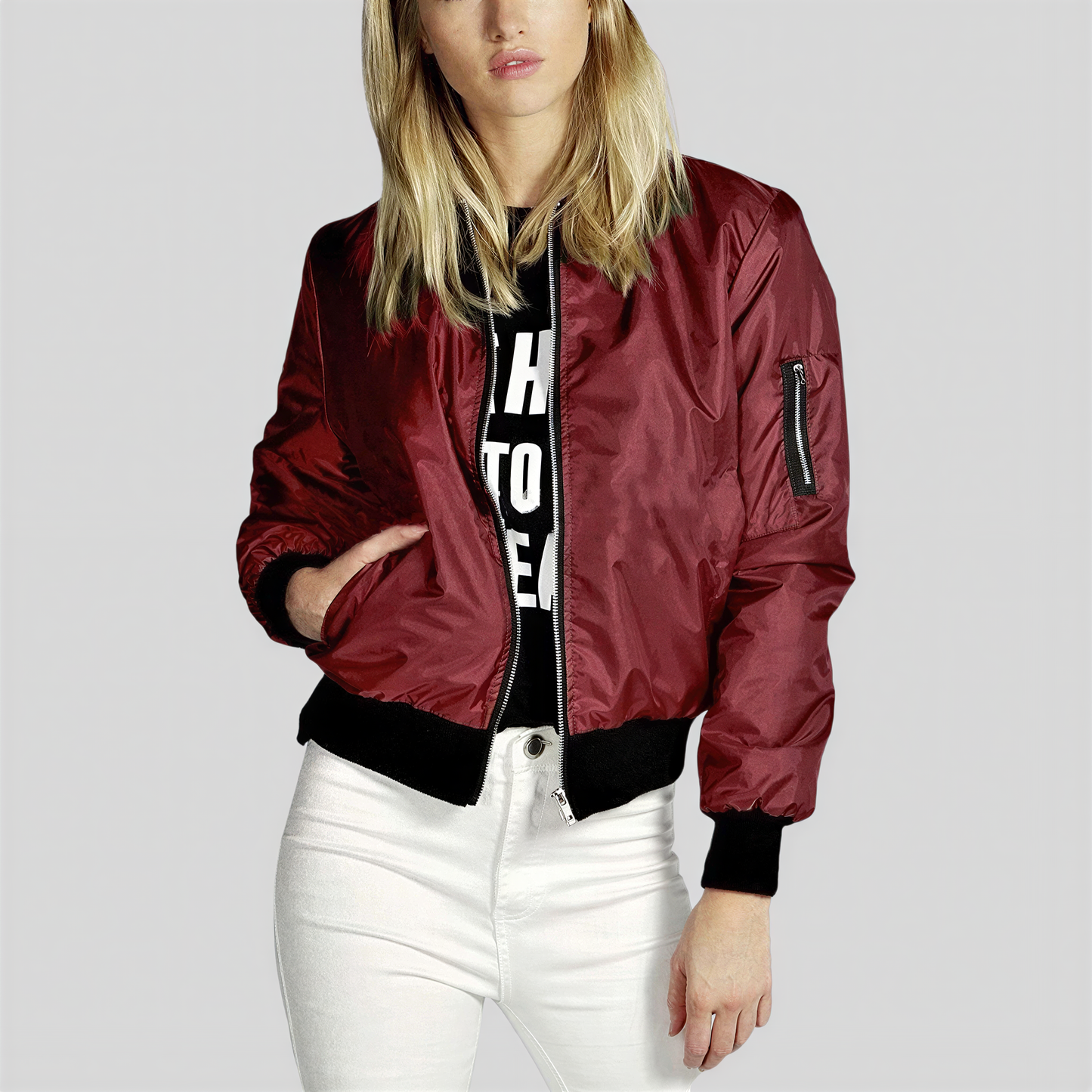 Glossy Finish Bomber Jacket Perfect for a Casual Everyday Look in Green - front view