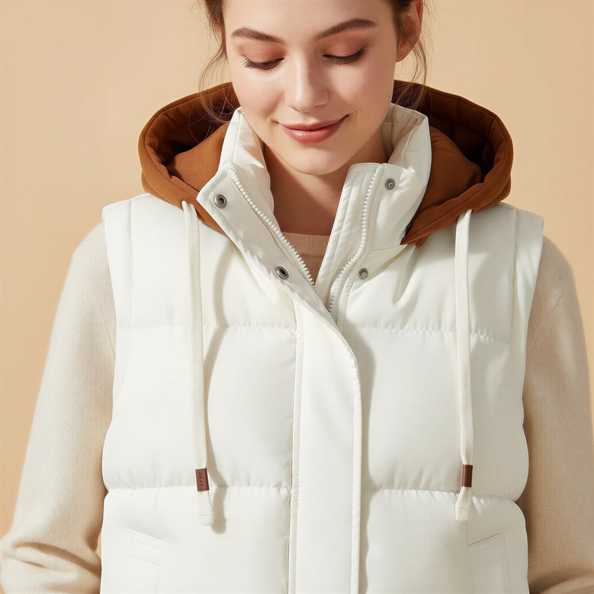 Removable Hood Quilted Vest in White - back view