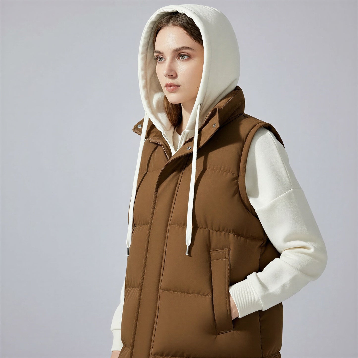 Removable Hood Quilted Vest in White - front view