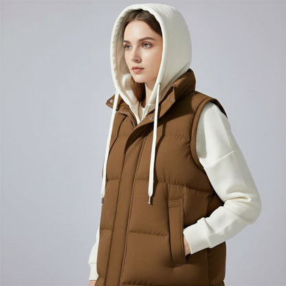 Removable Hood Quilted Vest in White - front view