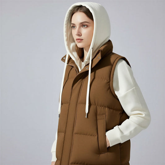 Removable Hood Quilted Vest in White - front view
