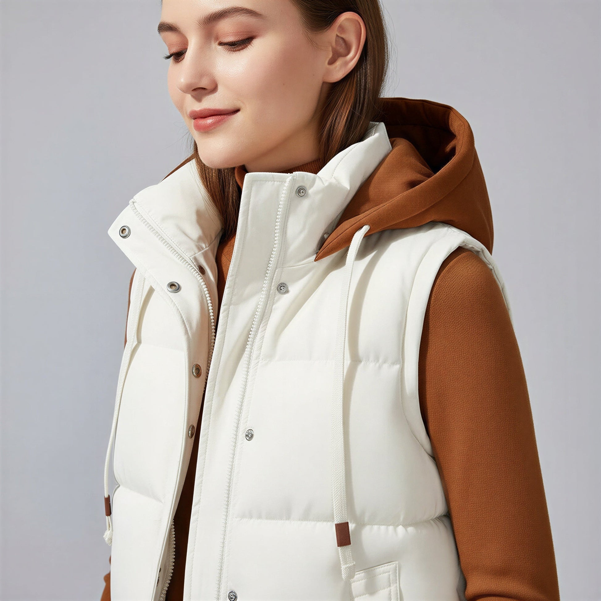 Removable Hood Quilted Vest in White - side view