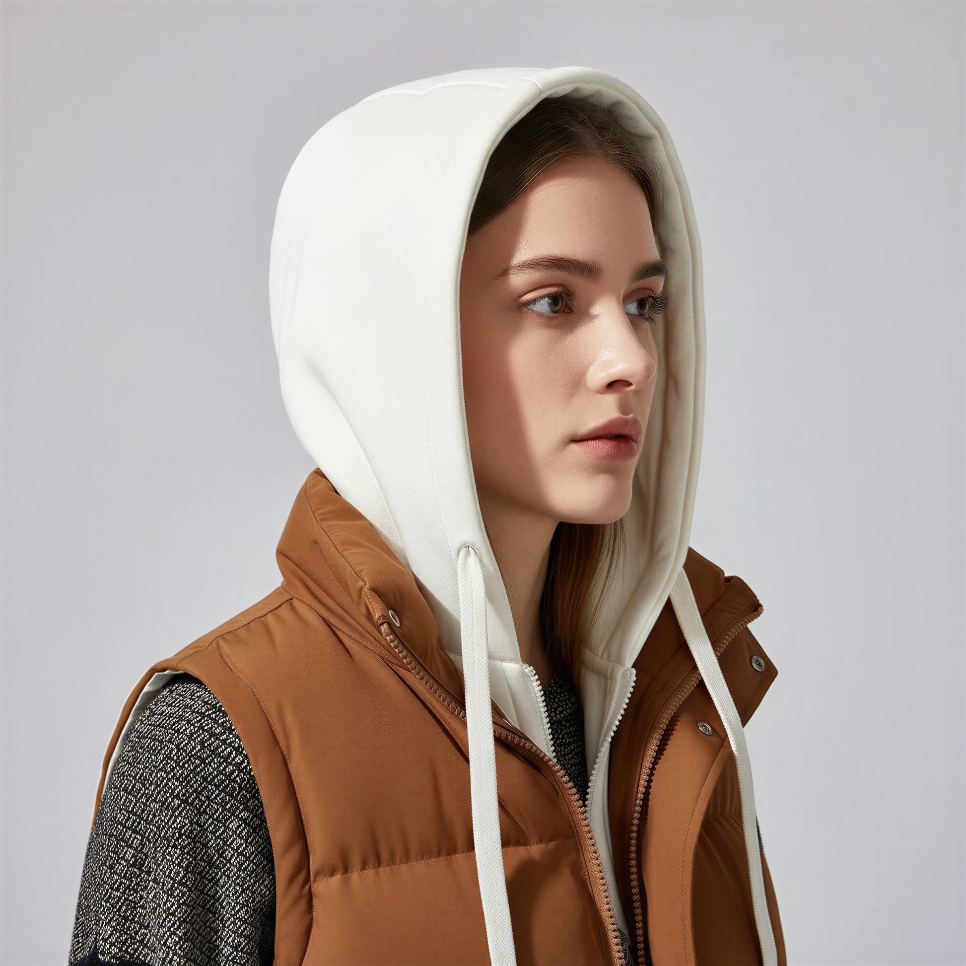 Luvrefashion | Removable Hood Quilted Vest in White - detail view