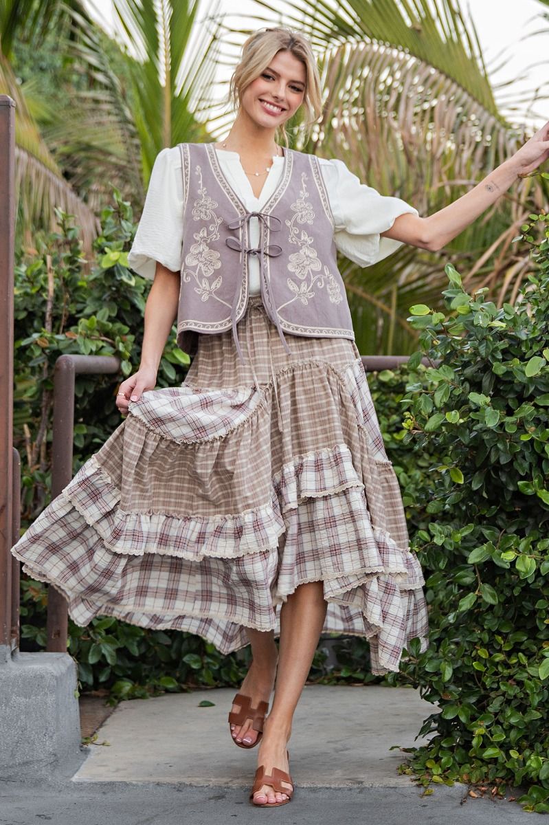 Vintage Plaid Crochet Ruffle Maxi Skirt with Adjustable Waistband