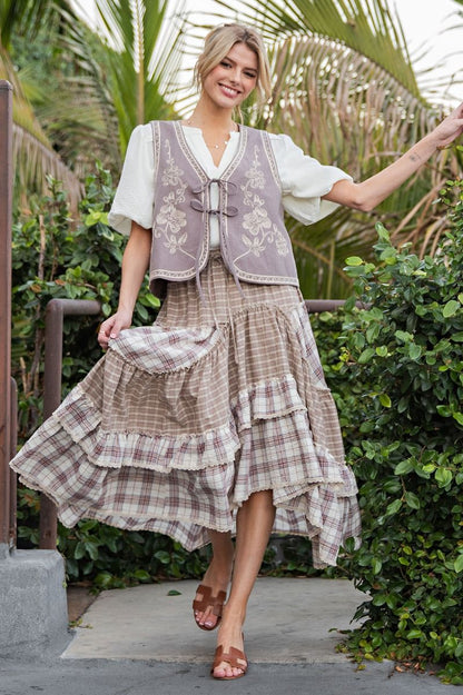 Vintage Plaid Crochet Ruffle Maxi Skirt with Adjustable Waistband