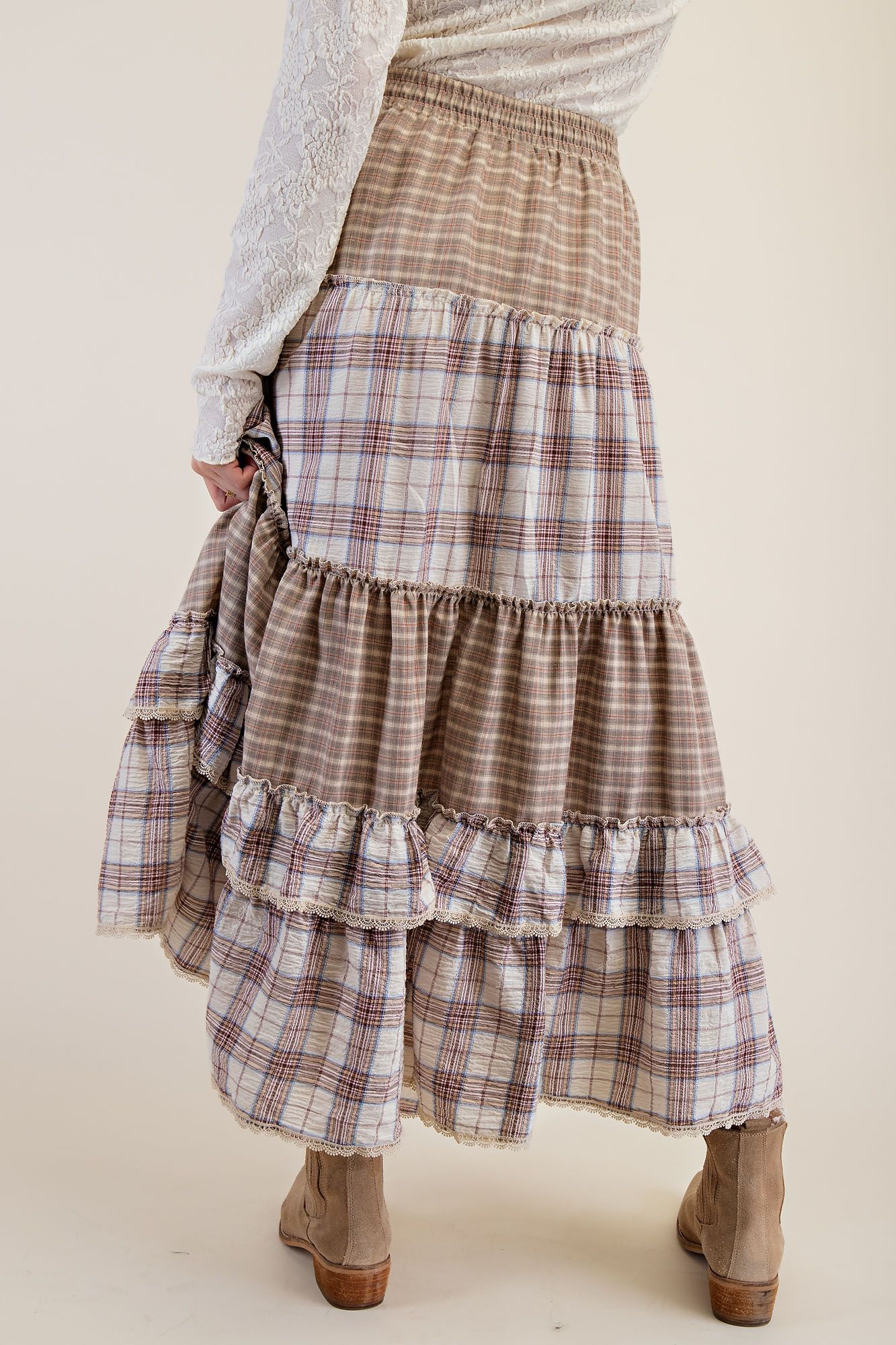 Vintage Plaid Crochet Ruffle Maxi Skirt with Adjustable Waistband