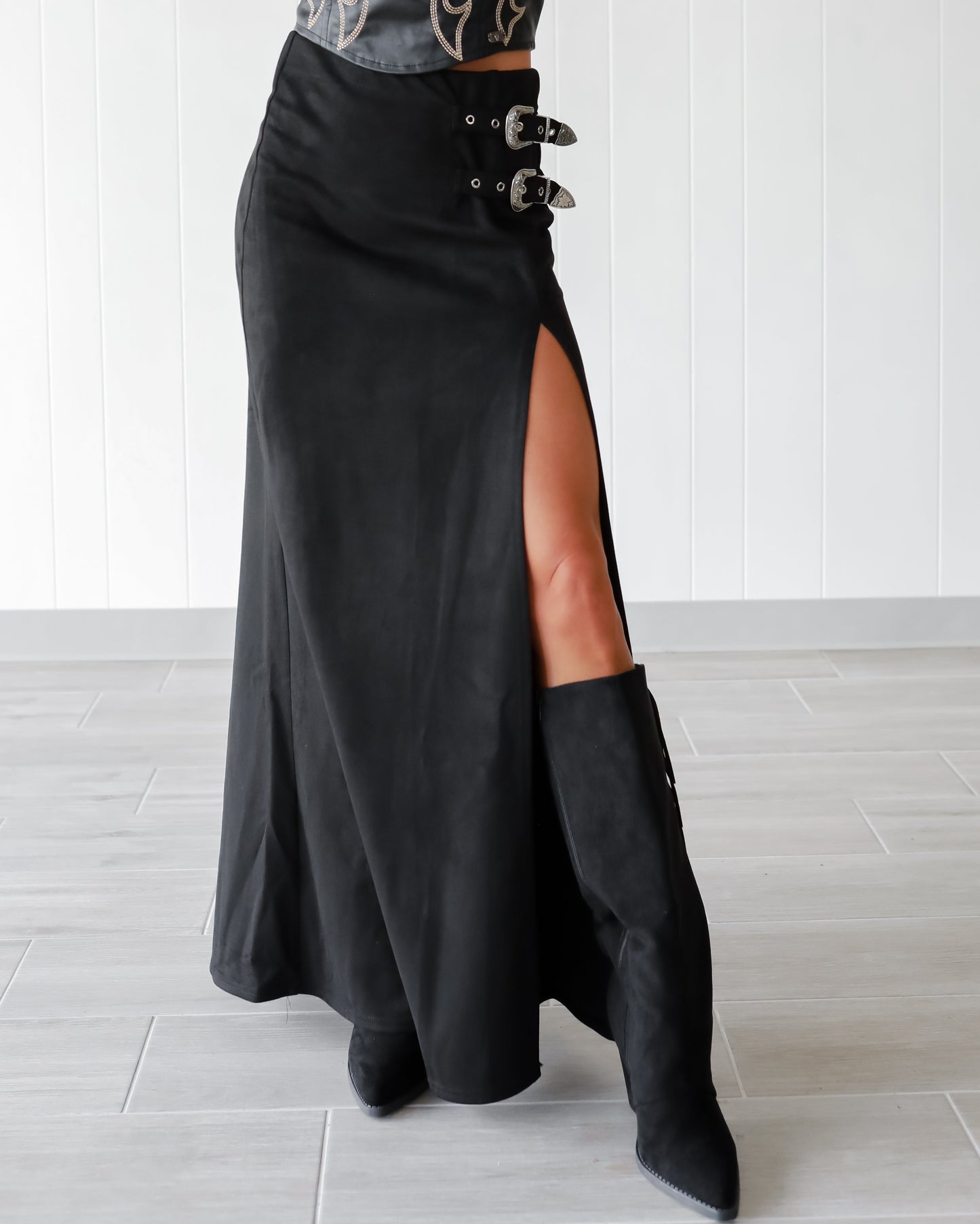 Black Double Buckle High Slit Faux Suede Maxi Skirt