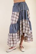 Vintage Plaid Crochet Ruffle Maxi Skirt with Adjustable Waistband