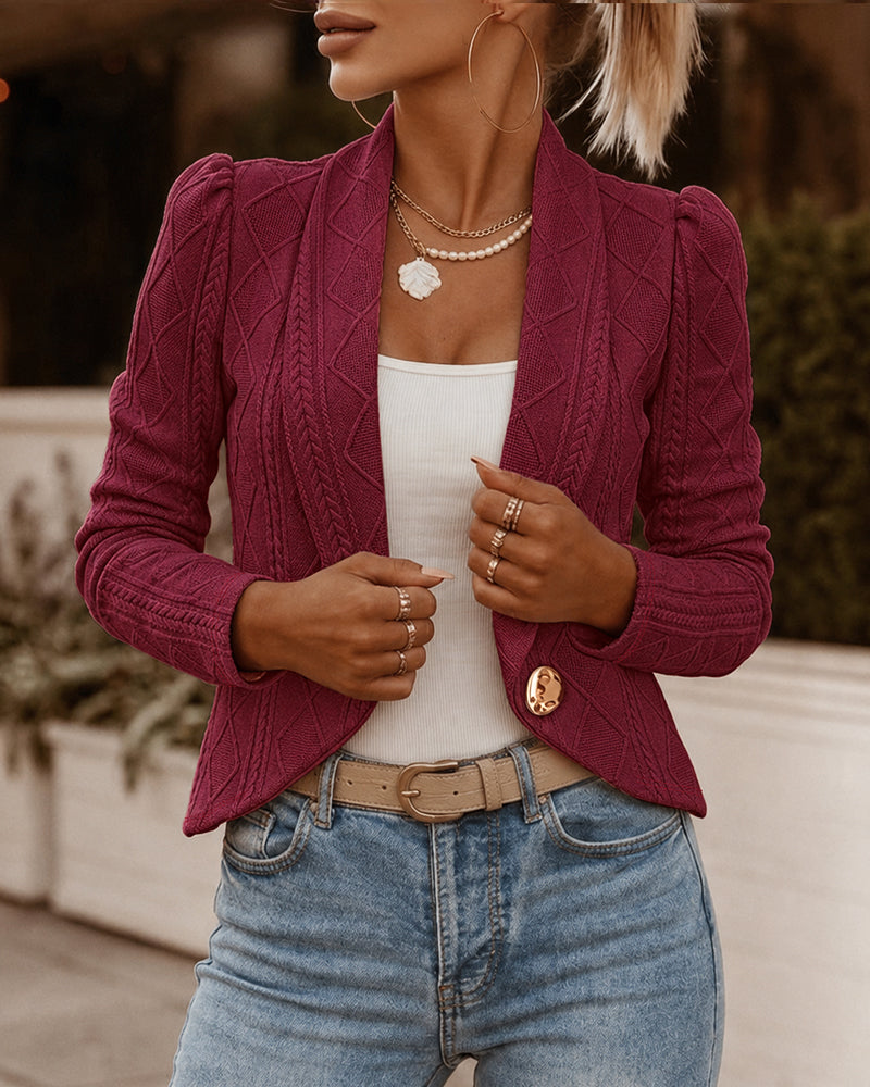 Argyle Cable Knit Shawl Collar Cropped Blazer - Slim Fit Women's Jacket