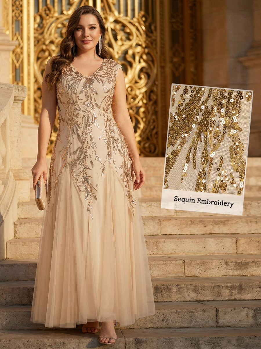 Freya Navy Sequin Embroidered Cap Sleeve Maxi Evening Dress