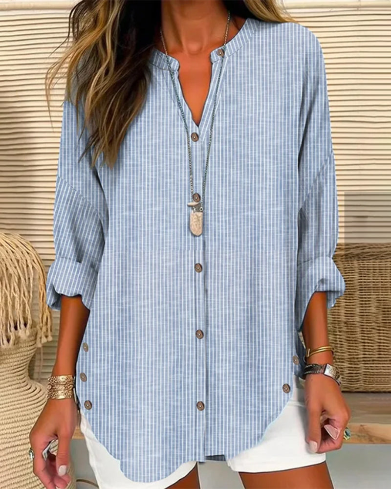 Betty Chic Loose Fit Long Sleeve Button Up Blouse in Blue - front view