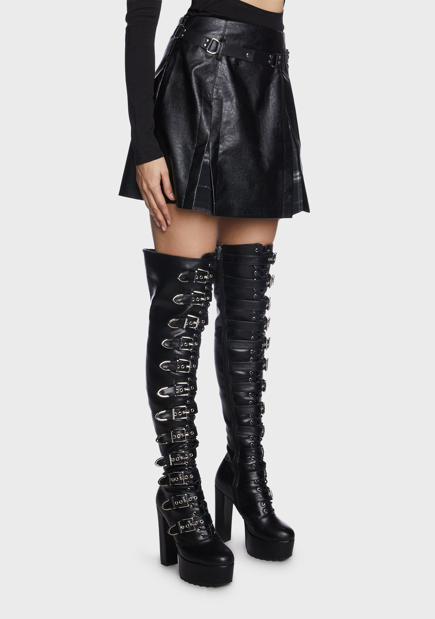 Black Plaid Splicing High-Waisted Vegan Leather Skirt