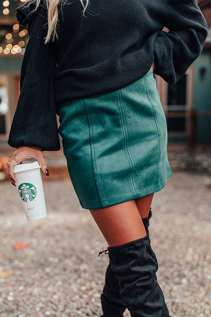 Emerald Faux Suede Mini Skirt with Vertical Seams