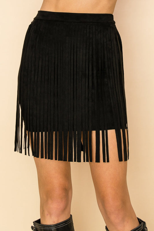 Black Faux Suede Fringe Mini Skirt