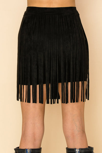 Black Faux Suede Fringe Mini Skirt