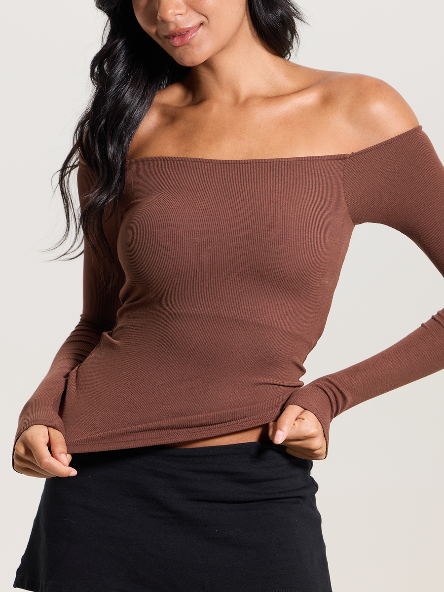 Black Ribbed Off-The-Shoulder Brami Top with Medium Support