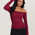 Black Ribbed Off-The-Shoulder Brami Top with Medium Support - Dark Cherry