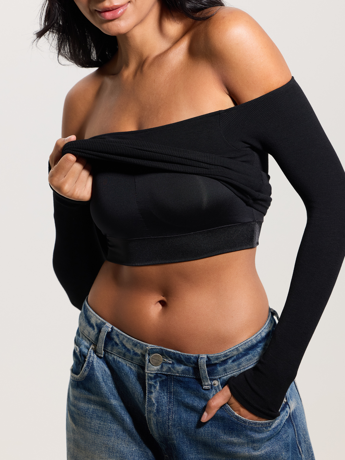 Black Ribbed Off-The-Shoulder Brami Top with Medium Support