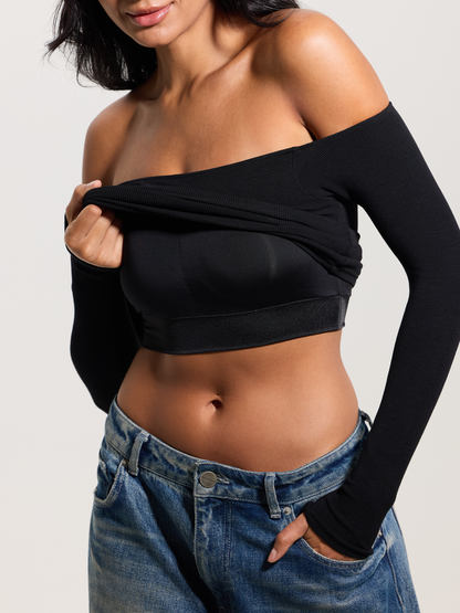 Black Ribbed Off-The-Shoulder Brami Top with Medium Support