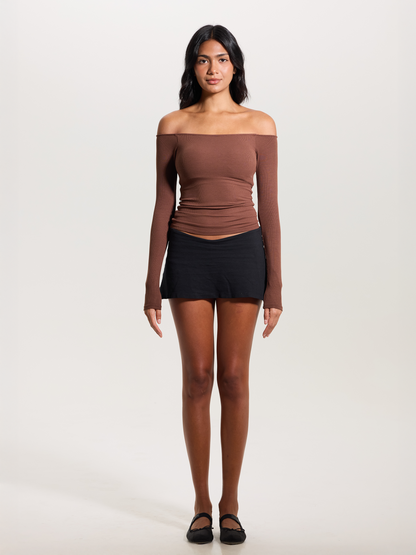 Black Ribbed Off-The-Shoulder Brami Top with Medium Support