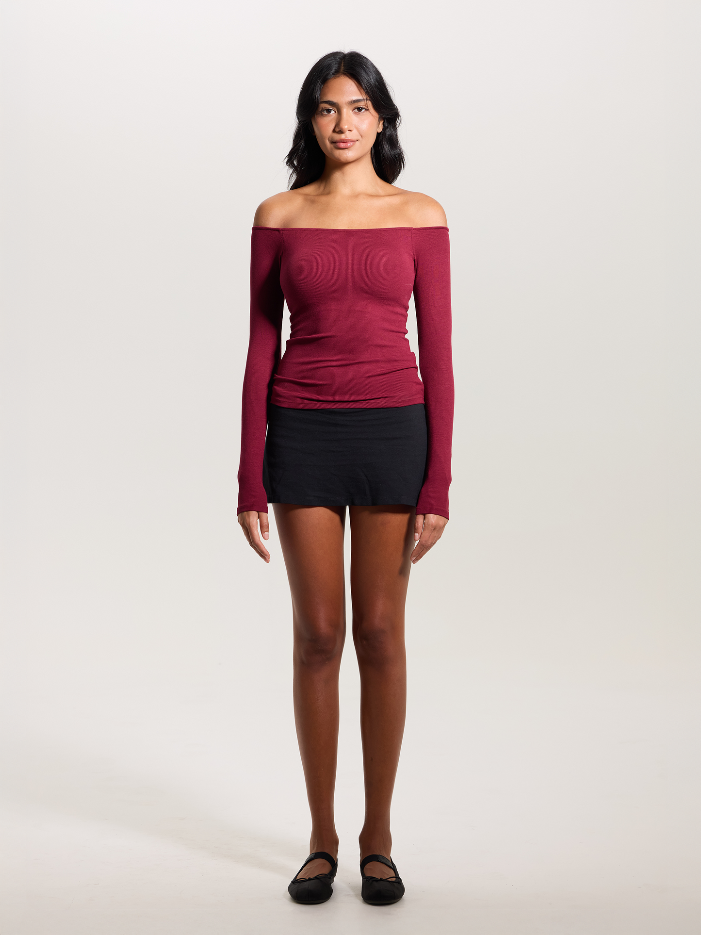 Black Ribbed Off-The-Shoulder Brami Top with Medium Support