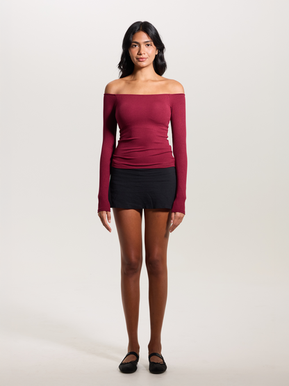 Black Ribbed Off-The-Shoulder Brami Top with Medium Support