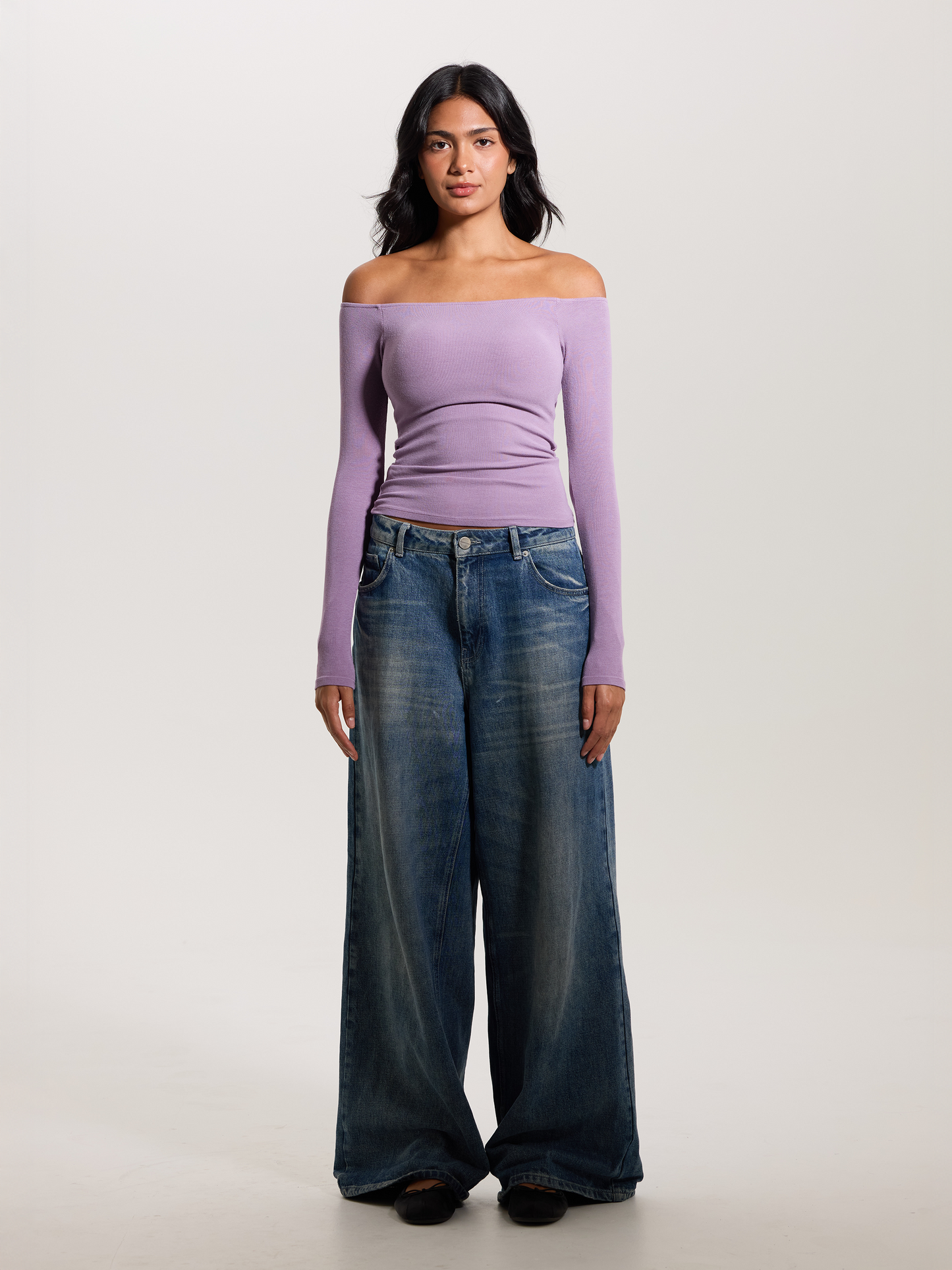 Black Ribbed Off-The-Shoulder Brami Top with Medium Support