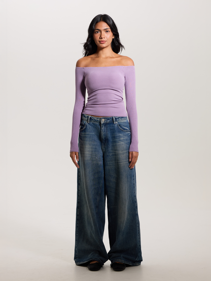 Black Ribbed Off-The-Shoulder Brami Top with Medium Support
