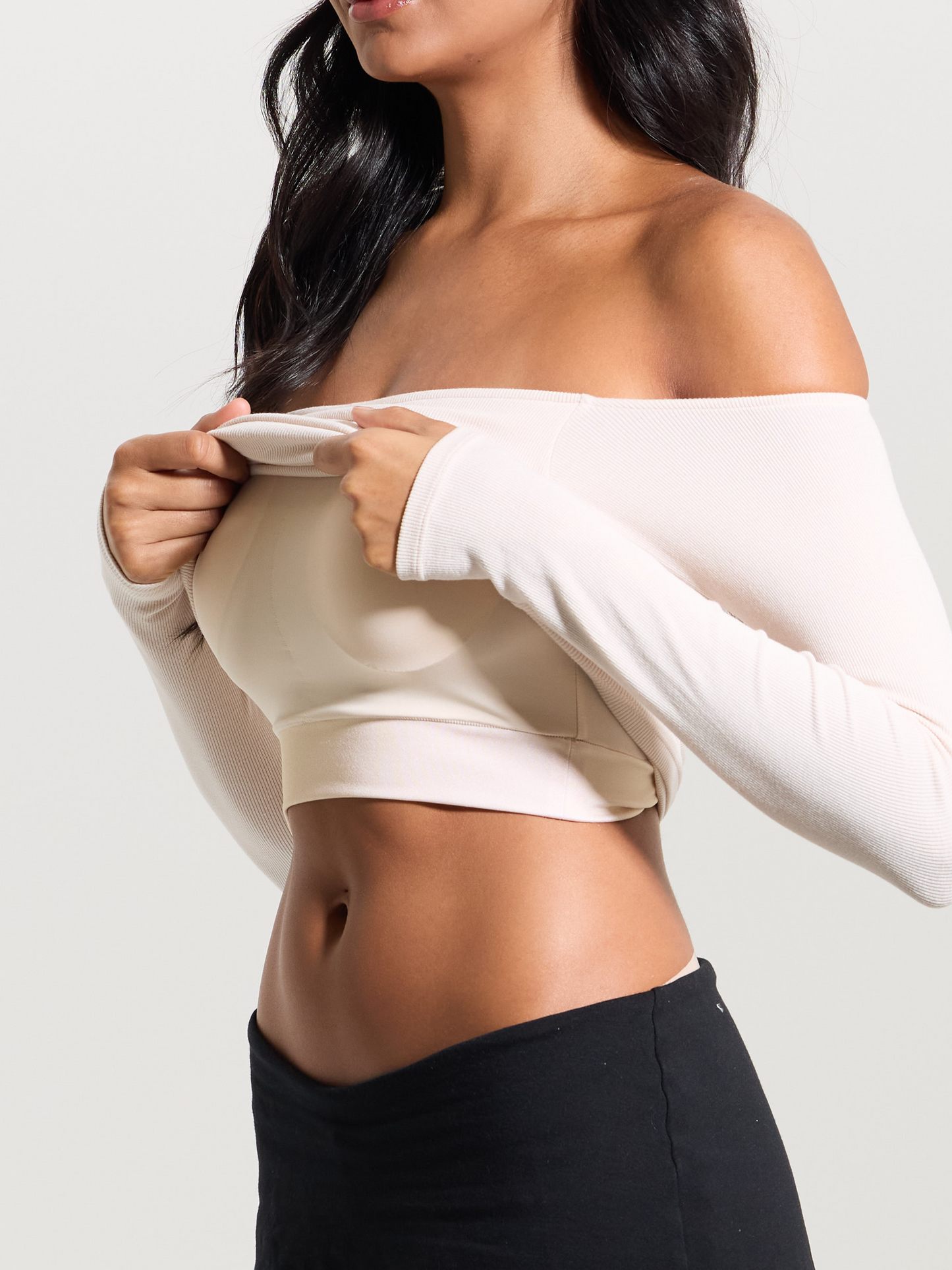 Black Ribbed Off-The-Shoulder Brami Top with Medium Support