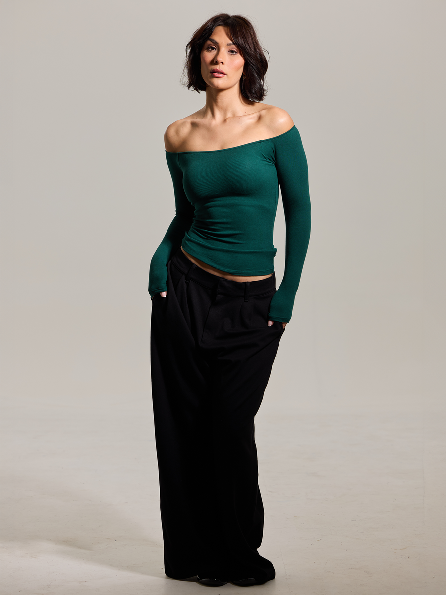 Black Ribbed Off-The-Shoulder Brami Top with Medium Support