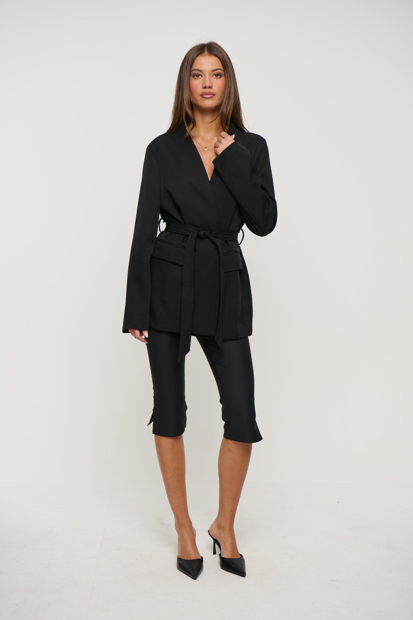 Alysha Black Collarless Waist-Belt Blazer