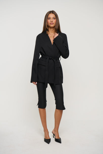 Alysha Black Collarless Waist-Belt Blazer