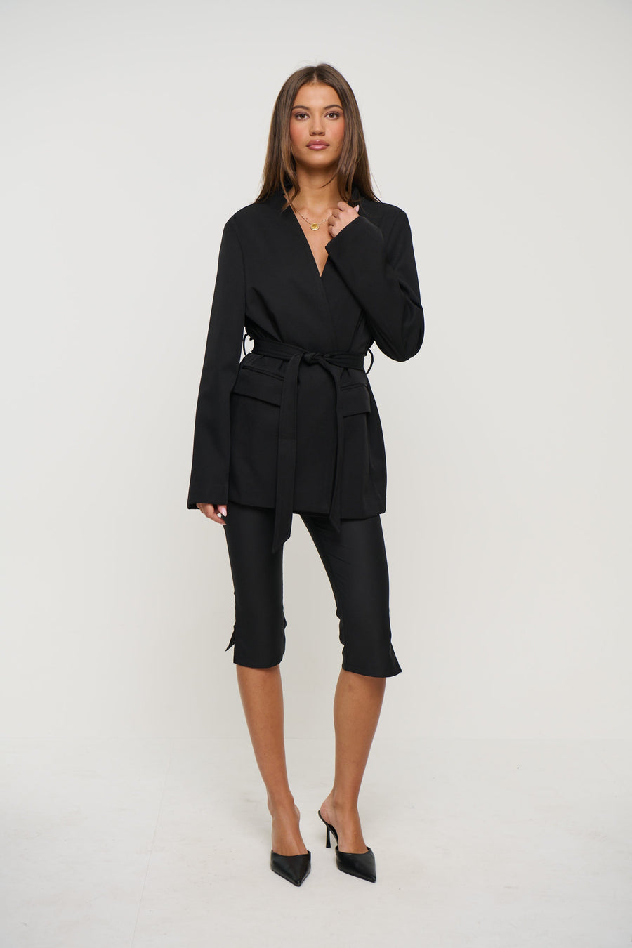 Alysha Black Collarless Waist-Belt Blazer