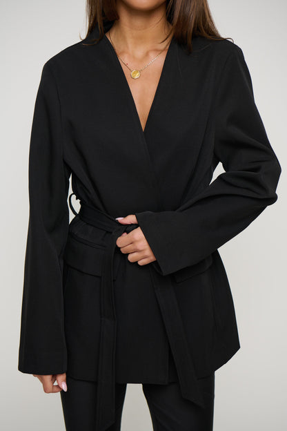 Alysha Black Collarless Waist-Belt Blazer