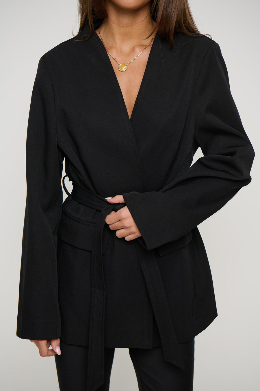 Alysha Black Collarless Waist-Belt Blazer