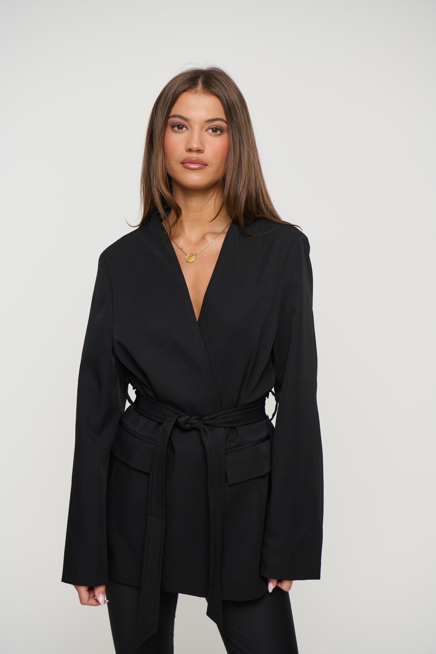 Alysha Black Collarless Waist-Belt Blazer